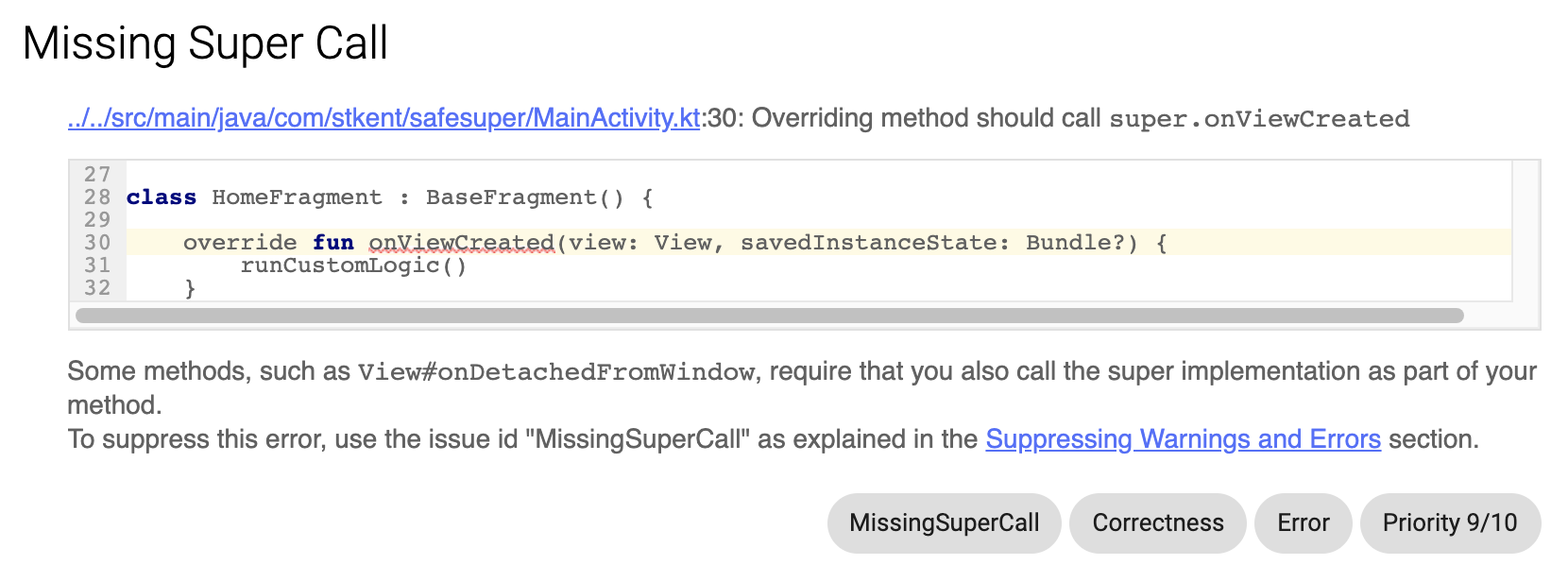 A screenshot of an Android lint report including an error of type MissingSuperCall.